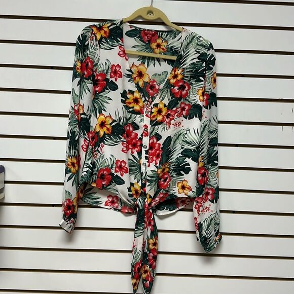 Guess Tropical Floral Top Medium long sleeves V-neck - Picture 1 of 10